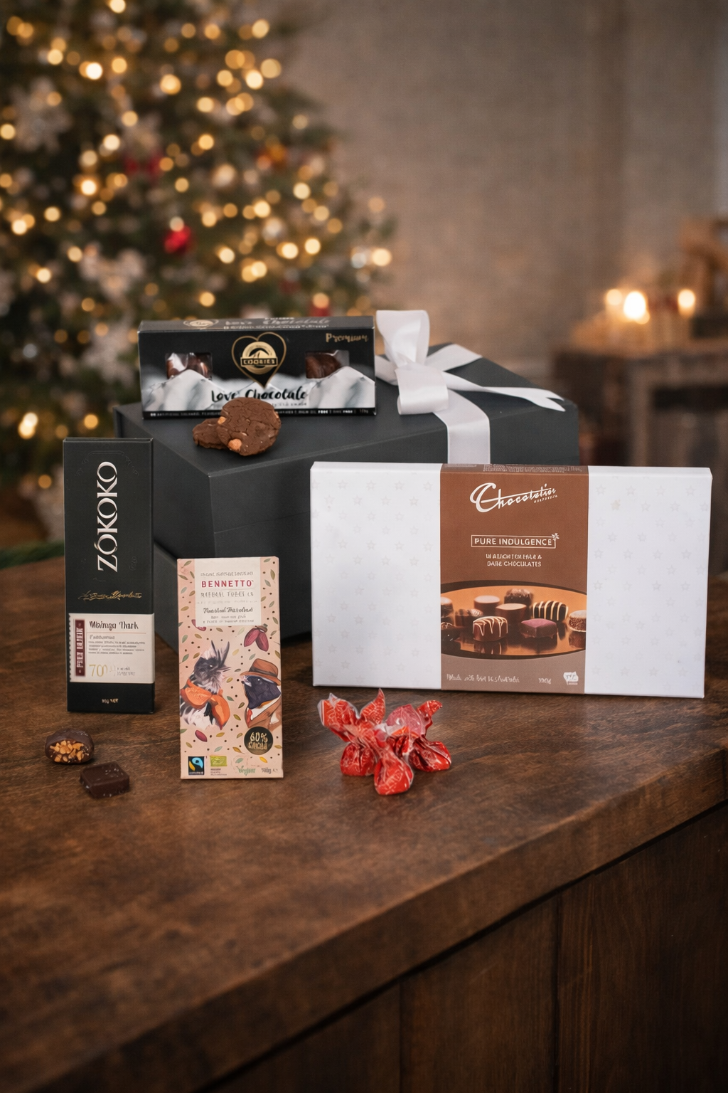 Gift basket with Chocolove and ZokoCo products on a wooden surface with a Christmas tree in the background.