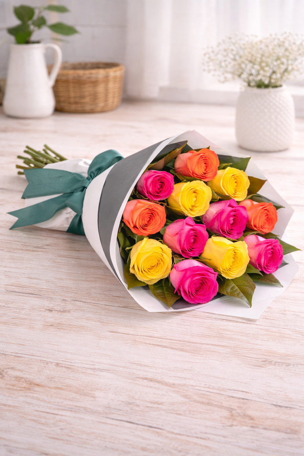 Bouquet of colorful roses on a wooden surface with a neutral background