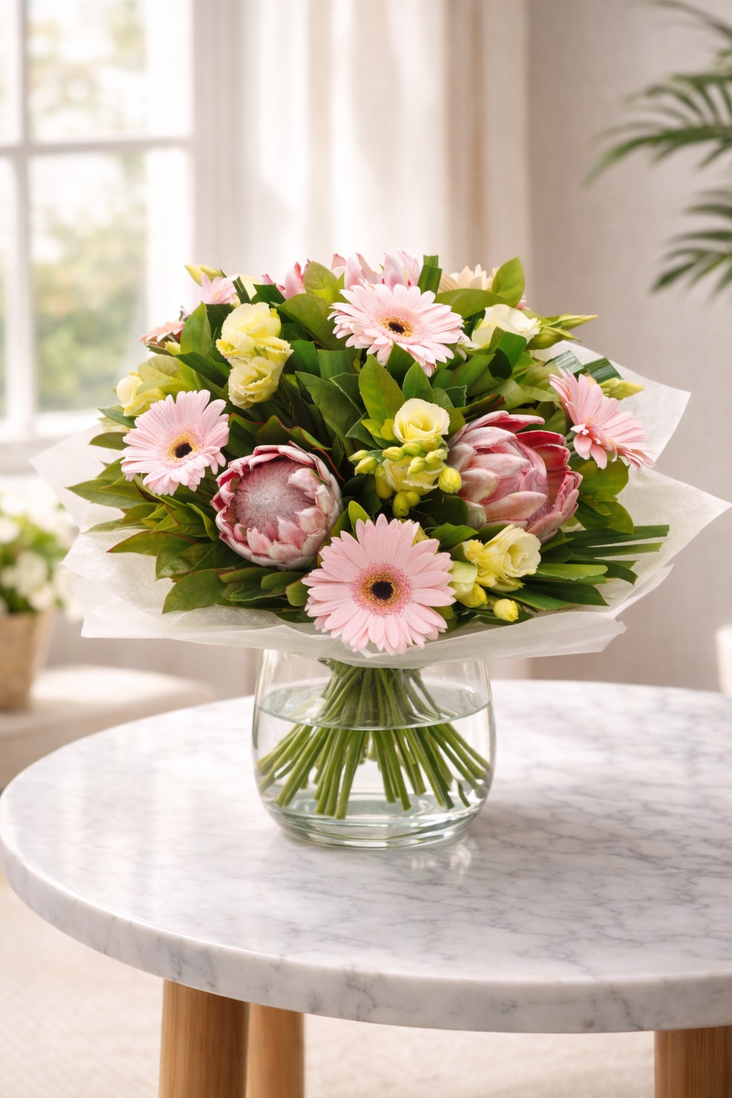  bouquet featuring gerberas, proteas and lisianthus, finished with fresh green foliage. 