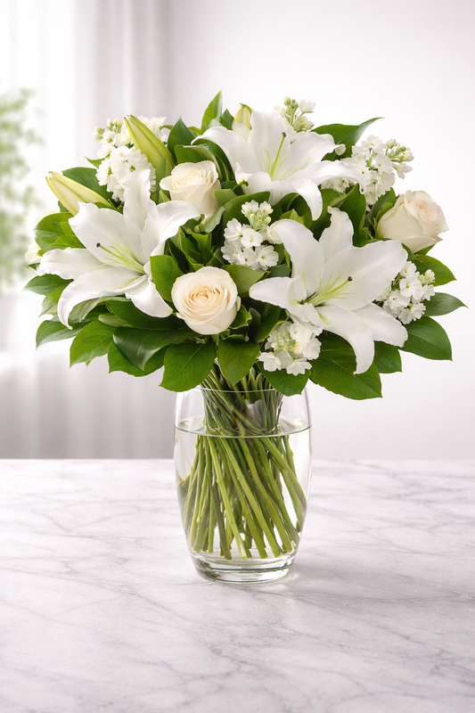 Bouquet of white lilies and roses in a clear vase on a marble surface.