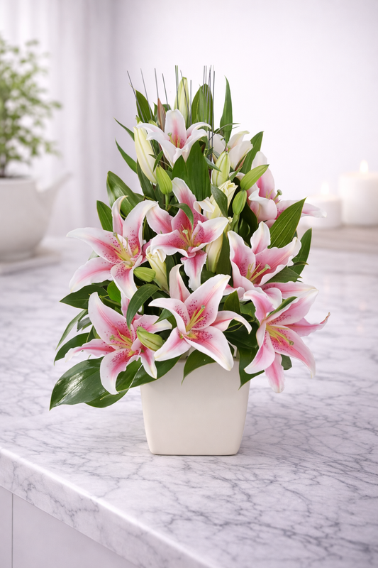 Bouquet of pink and white lilies in a white vase on a marble surface.