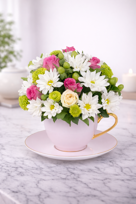 Floral arrangement in a white cup on a marble surface