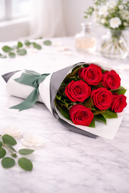 Bouquet of red roses wrapped in gray paper with a green bow on a white surface.