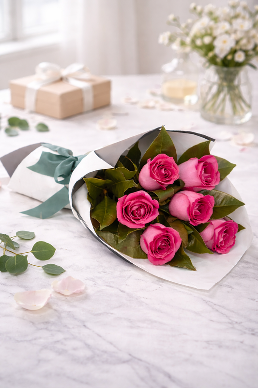 Bouquet of pink roses on a white marble surface with a gift box and vase in the background.
