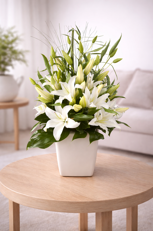 Floral arrangement in a white pot on a wooden table with a neutral background