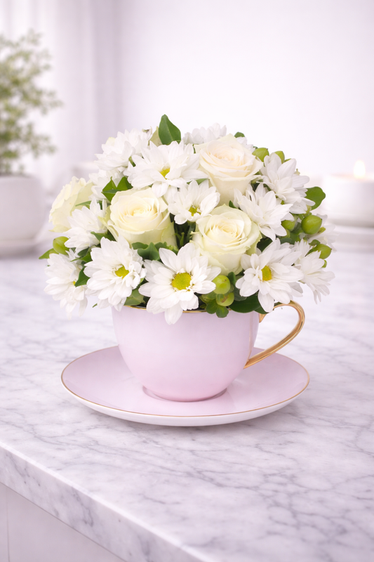 Floral arrangement in a pink teacup on a marble surface