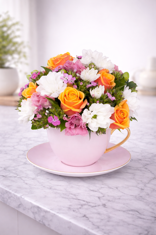 Colorful flower arrangement in a pink teacup on a marble surface